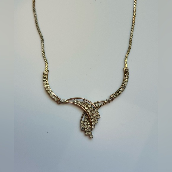 Vintage Gold Tone Rhinestone Statement Necklace Bridal Coquette Glam Choker 17in - Picture 3 of 16